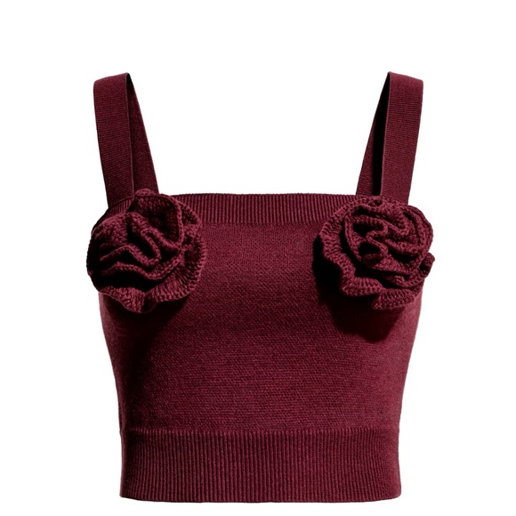 H&M Magda Butryn Tops - Wool Blend Elegant Burgundy Knit Top with Rose Applique